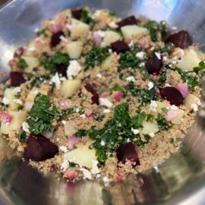 Potato and Beet Salad in a steel mixing bowl
