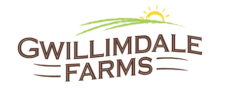 Gwillimdale Farms Logo. The text "GWILLIMDALE FARMS" undulating like a flag. Directly above the text is a subtle depiction of green rolling hills, with a deep yellow sun rising behind them, in a minimal hand drawn style.
