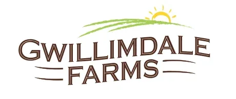 Gwillimdale Farms Logo. The text "GWILLIMDALE FARMS" undulating like a flag. Directly above the text is a subtle depiction of green rolling hills, with a deep yellow sun rising behind them, in a minimal hand drawn style.