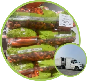 Another pair of round photos, in the same arrangement as the previous two. The larger depicts 50 pound bags of freshly harvested carrots, stacked on top of eachother in alternating directions, in preparation for shipping. The smaller photo depicts the cab of a large transport truck.